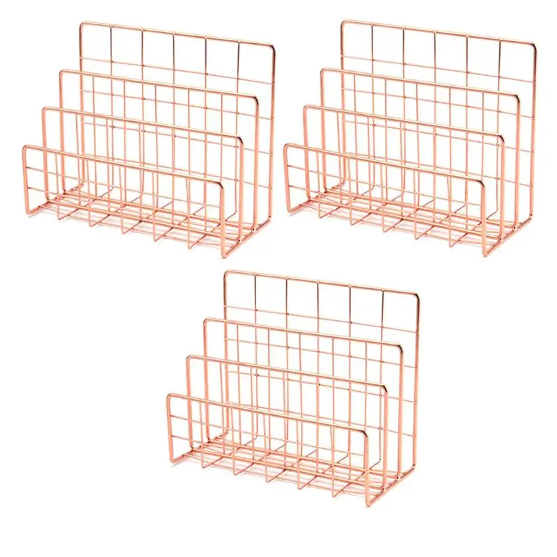 Bookshelf Office Desktop Rose Gold Metal Book Block Three Layer Desktop Magazine Shelf Book Holder