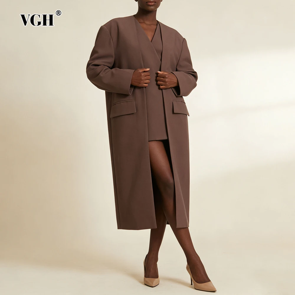 

VGH Design Sense Solid Slimming Trench Coats For Women Lapel Long Sleeve Spliced Button Autumn Temperament Jacket Female Fashion