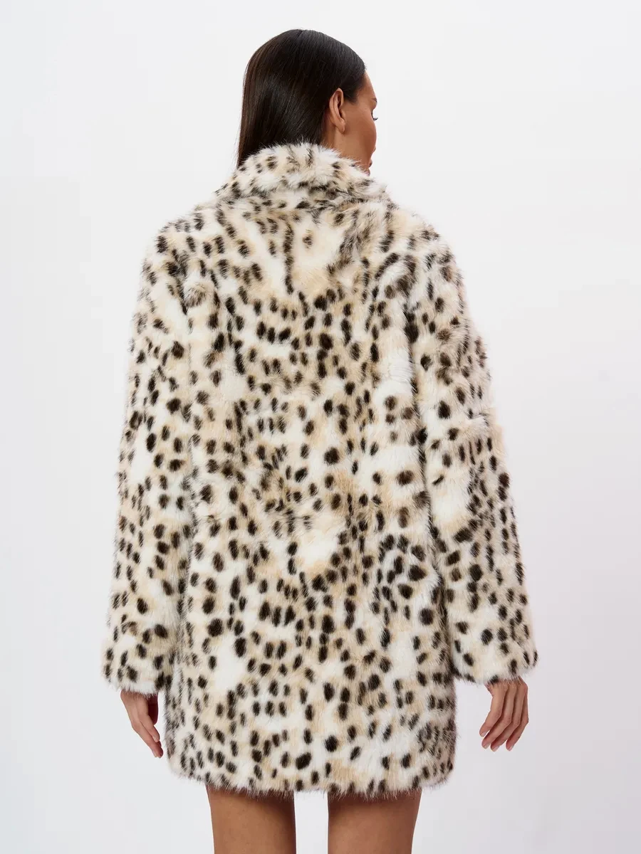 PUAL  Women Leopard Print Faux Fur Coat Lapel Collar Thick Warm Winter Plush Party Outerwear
