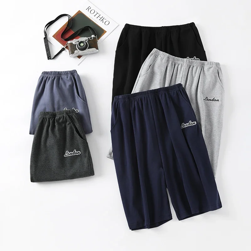 

Summer new style solid color pajama pants adluts home loose cotton pajama men's sleep bottom elastic waist breathable shorts