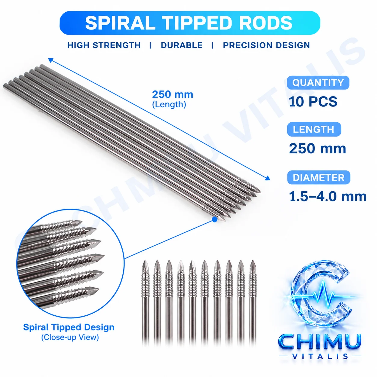 【CHIMU VITALIS 】 K-Wire Threaded Pin Trocar Tip Stainless Steel Veterinary Instrument