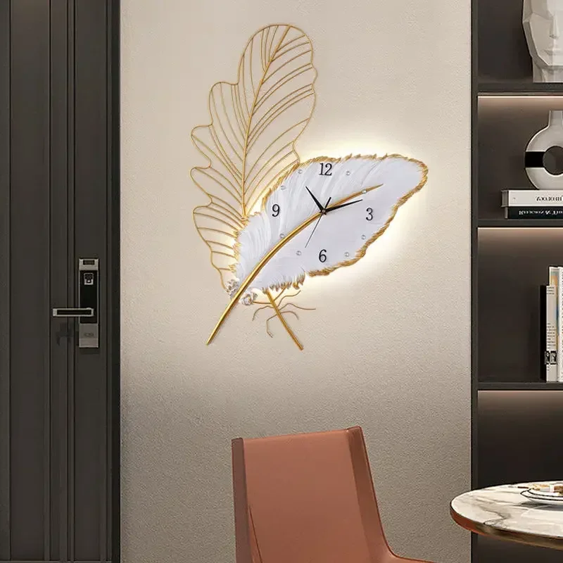 Wall Clock Home Decor Light Luxury Feather Wall Clocks Modern Design Home Living Room Decoration Digital Watches Reloj De Pared