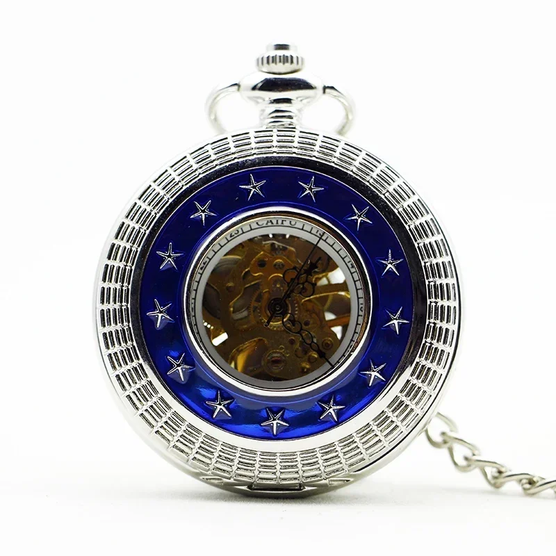 

Personality Creative Unique Silver Blue Pocket Watch Mechacnical Hand-winding Fob Watch Roma Amber Dial Pendant Watch Chain Gift