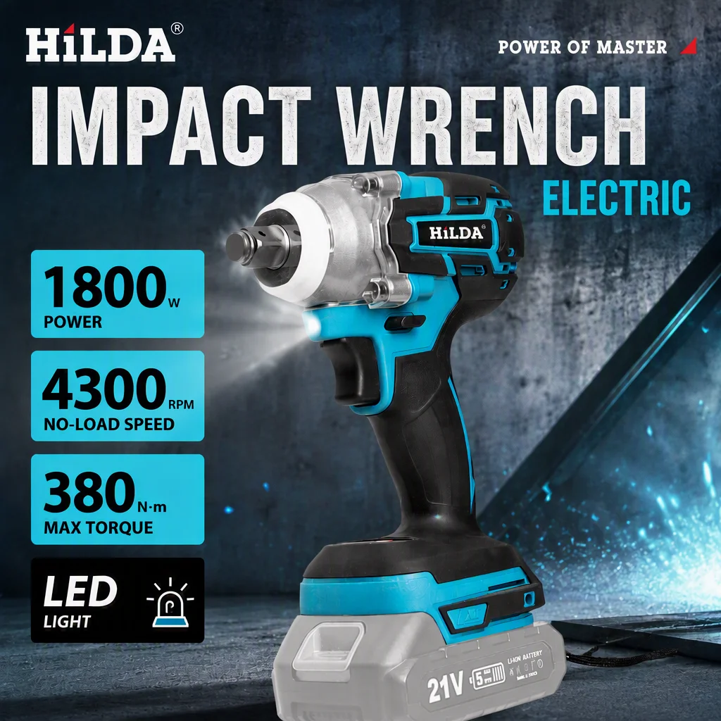 hilda-380nm-ブラシレス電動インパクトレンチ-コードレスレンチ-4300rpm-ledライト搭載-自動車修理-木工-金属加工用