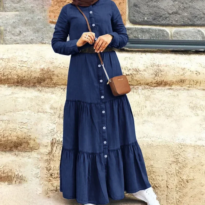 Women\'s S-5XL size European American and British denim dresses Amazon\'s new stand up collar denim button long dress loose design