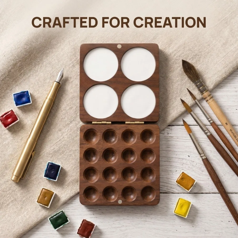 

Integrated Tray Walnut Wood Watercolor Palette Compact Mini Paint Box Portable Magnetic Suction Mixing Paint Tray Artist Use