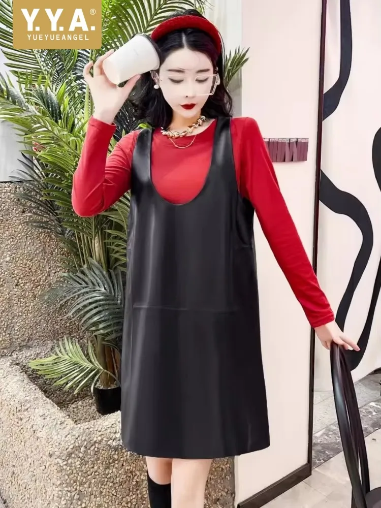 เดรสหนังแท้ทรงเอ สไตล์ลำลอง คอวี แขนกุด สำหรับผู้หญิง ใส่สบาย เหมาะกับฤดูใบไม้ร่วง สีดำ