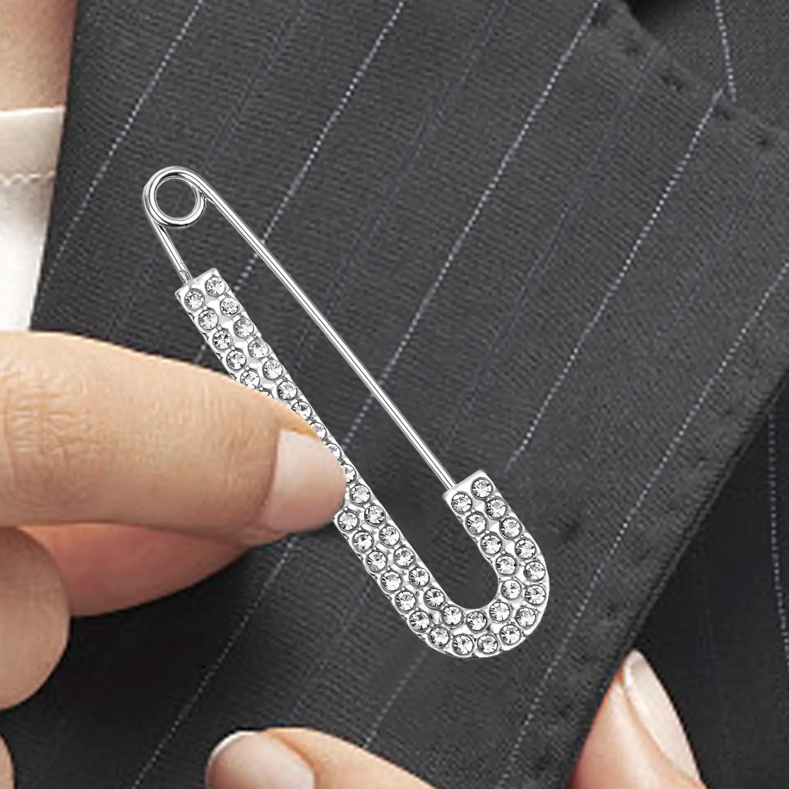 Silver Tone Rhinestone Safety Pin Silver Buckle Jewelry Large Brooch Luxurious Safety Clothing Pin for Scarf Women Shiny Fashion view 4