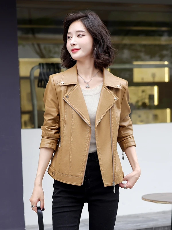   Ning Echtlederjacke für Damen, Kurzarm, 2025 Neue Frühjahrskollektion, Schlankmachende Mode, Motorrad-Schafslederjacke