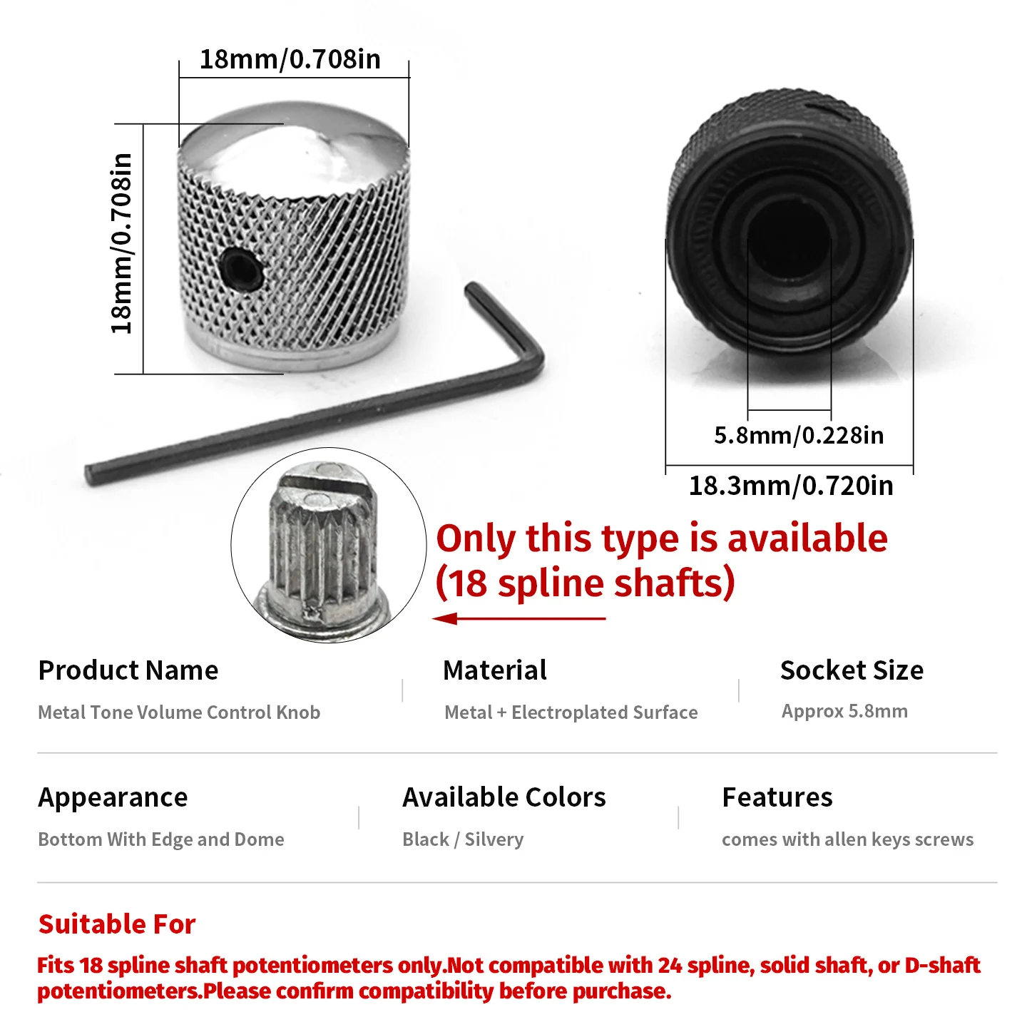 2/3/4pcs Metal Guitar Control Knobs 18 Spline, Recessed Base / Flat Bottom, Volume Tone Knobs for Electric Guitar