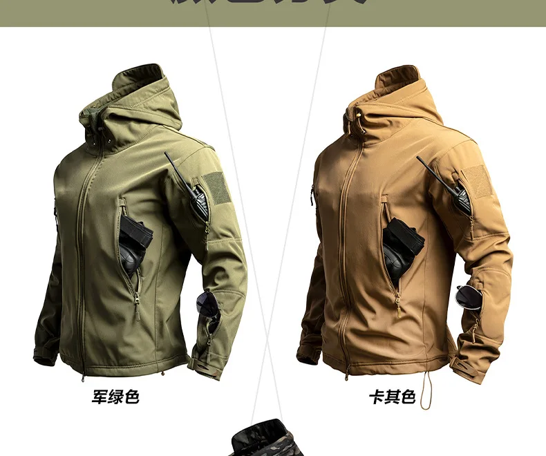 Herren Tarnanzug 2-teiliges Set mit Kapuze, winddichte Softshell-Jacke, Multi-Taschen-Cargohose, Militäranzug für Outdoor-Jagd und Wandern. – Detail 6