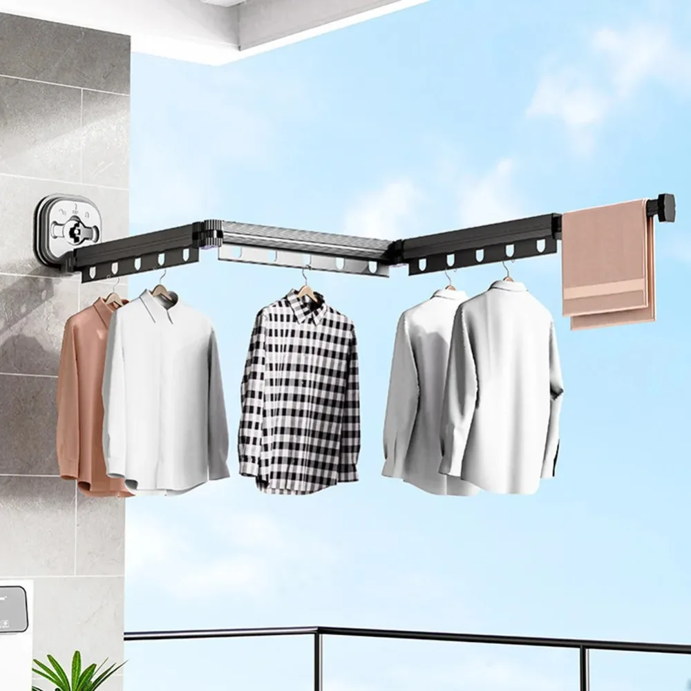 Suction Wall Mount Telescopic Folding Clothes Hanger No Punching Heavy Duty Saving Space Aluminum Alloy Hanging Pole for Balcony