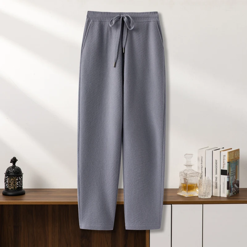 Men's High Quality 100% Cashmere Pants Solid Color Knitted Casual Elastic Waistband Pocket Thick Straight Leg