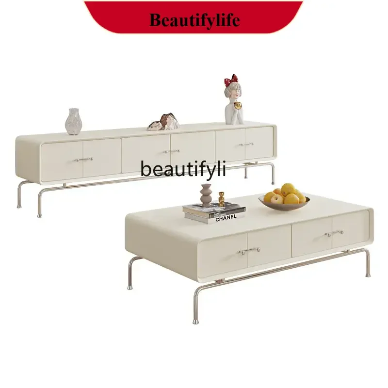 D178 Y zqCoffee Table TV Cabinet Combination Chest of Drawers Small Apartment Living Room French Solid Wood Floor Cabinet Cream