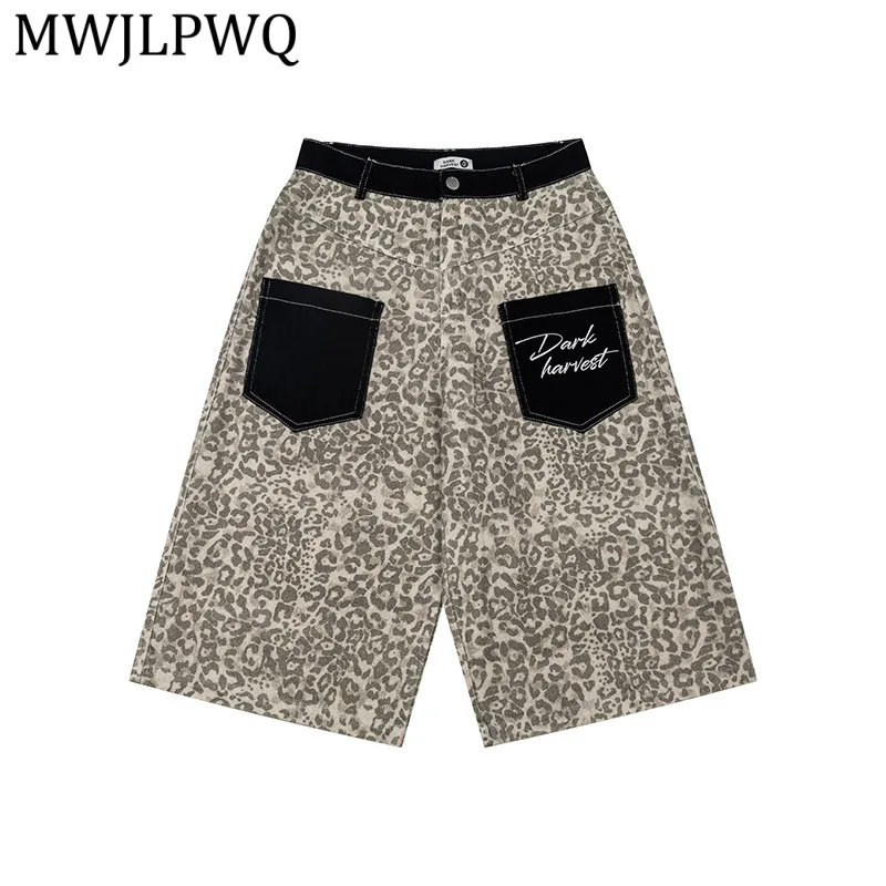 

MWJLPWQ American Retro Leopard Print Patchwork Shorts For Men New Summer Design Niche Loose Curved Pants 2026 Trendy 14841