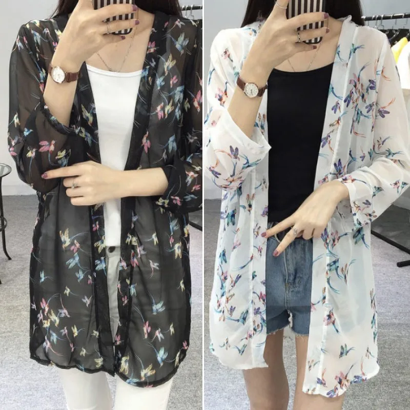 Stylish Women\'s Fashion Casual Long Sleeve Cardigan Chiffon Birds Printed Long Loose Blouse Shirt Sunscreen Clothing