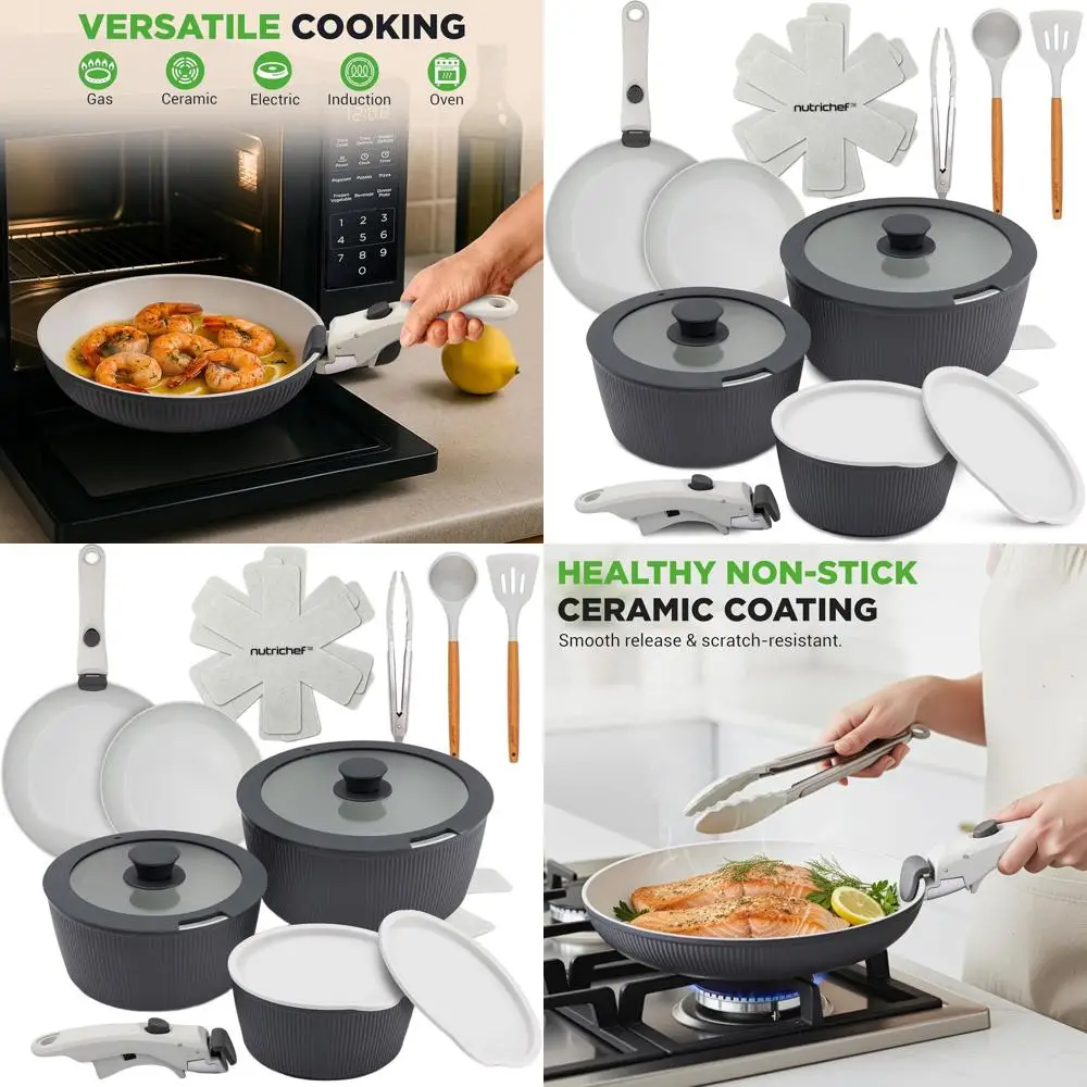 

Набор посуды со съемной ручкой, 18 предметов, керамика с антипригарным покрытием, без ПТФЭ, компактный, безопасный для духовки и плиты, с посудой