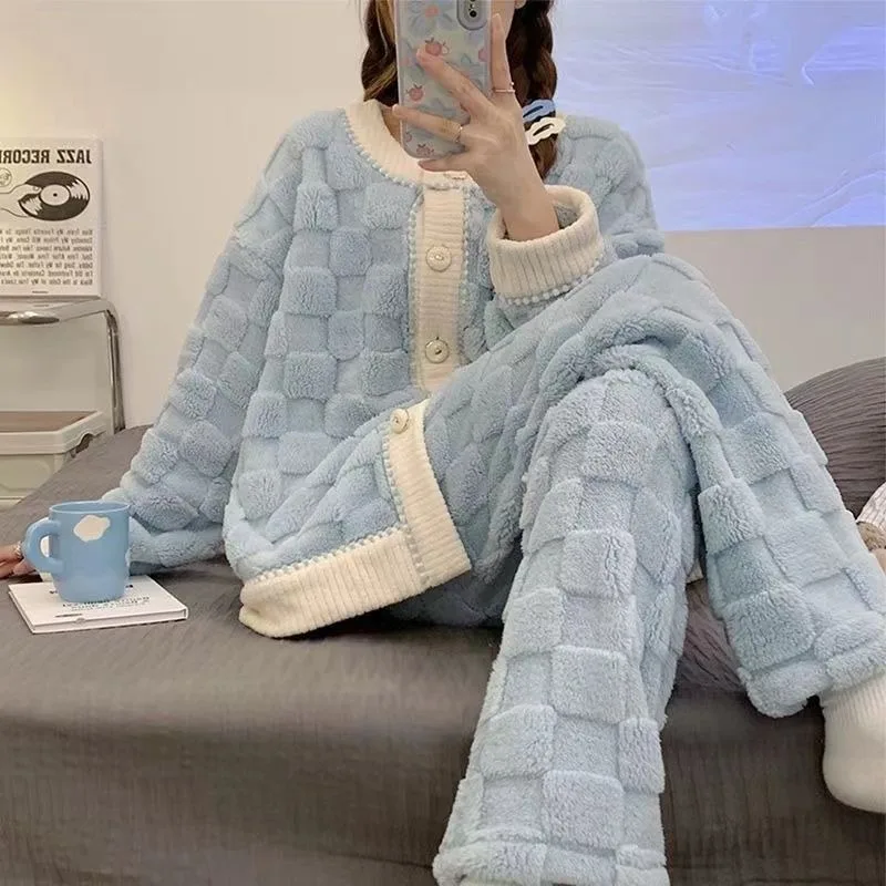 Coral velvet pajama women Autumn Winter thickened loose flannel women\'s set Student Korean cute Home dress Can be worn outside