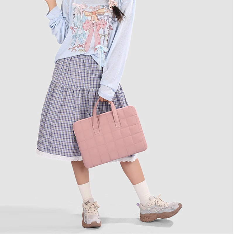 Minimalist Grid Quilted Laptop Handbag Large Capacity Solid Color Portable Tablet Case for 13 14 15 15.6 16 Inch Laptops