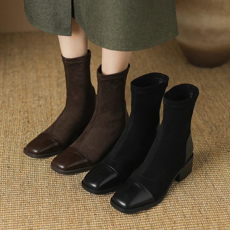 2024 New Fashion Winter Women\'s Square Head Vintage Versatile Zipper Suede High Heel Warm Elastic and Calf Mid Sleeve Boots