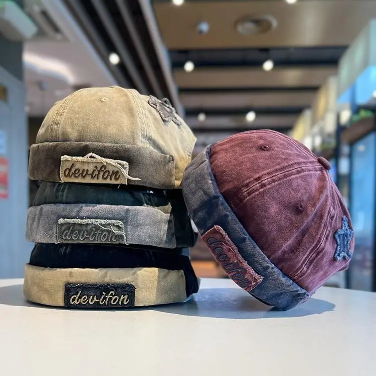

Retro Wash Cotton Brimless Docker Caps for Men Streetwear Hip Hop Hats Letter Star Print Melon Hat Adjustable Beanie Dome Hats