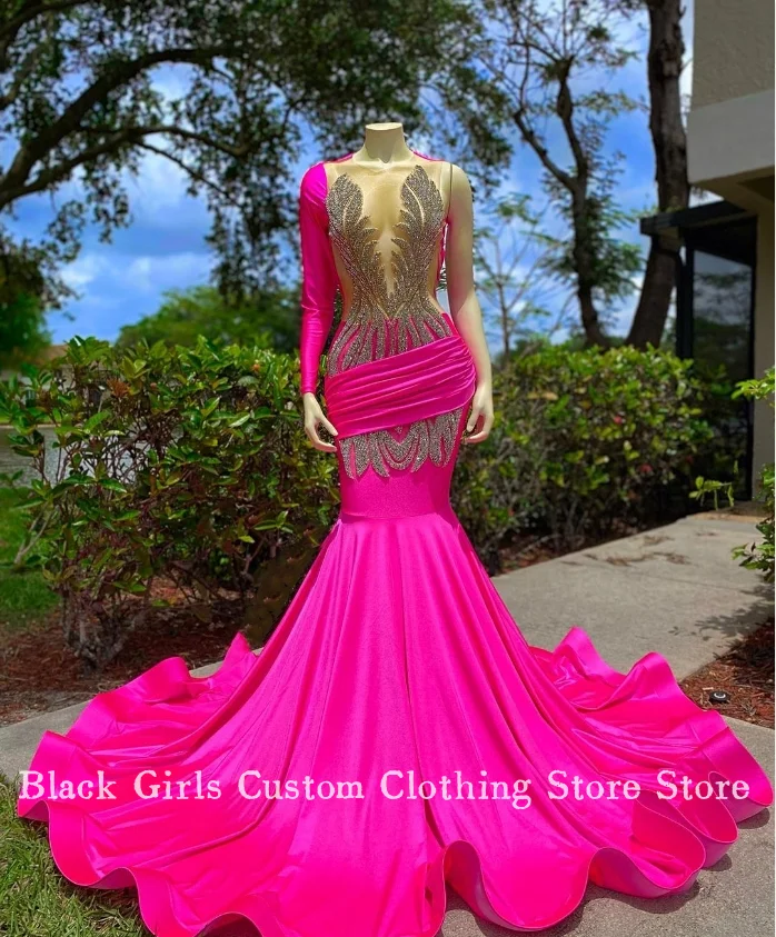 

Rose Pink Long Sleeve Prom Dresses For Women Glitter Silver Applique Lace African Wedding Party Dresses vestido festa Custom