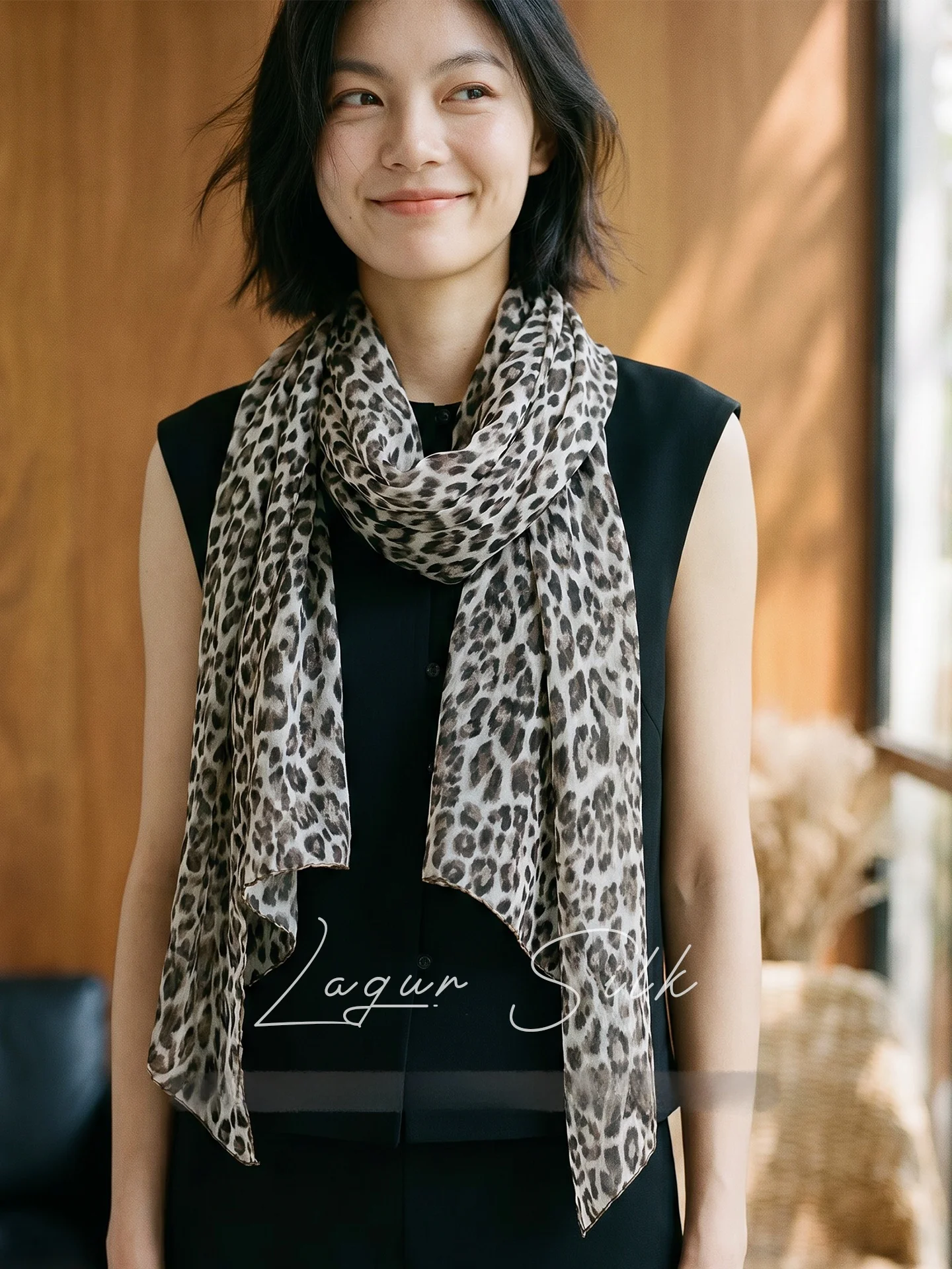 Lagur100 Silk Chiffon Leopard Print Scarf Large Size Lightweight Sun Protection Long Scarf Shawl Mom Style Casual Summer Wrap