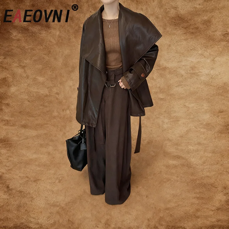 

EAEOVNI Vintage Style Leather Jacket Women Lapel Design Solid Color Loose Belt Gathered Waist Coat Streetwear New Clothing