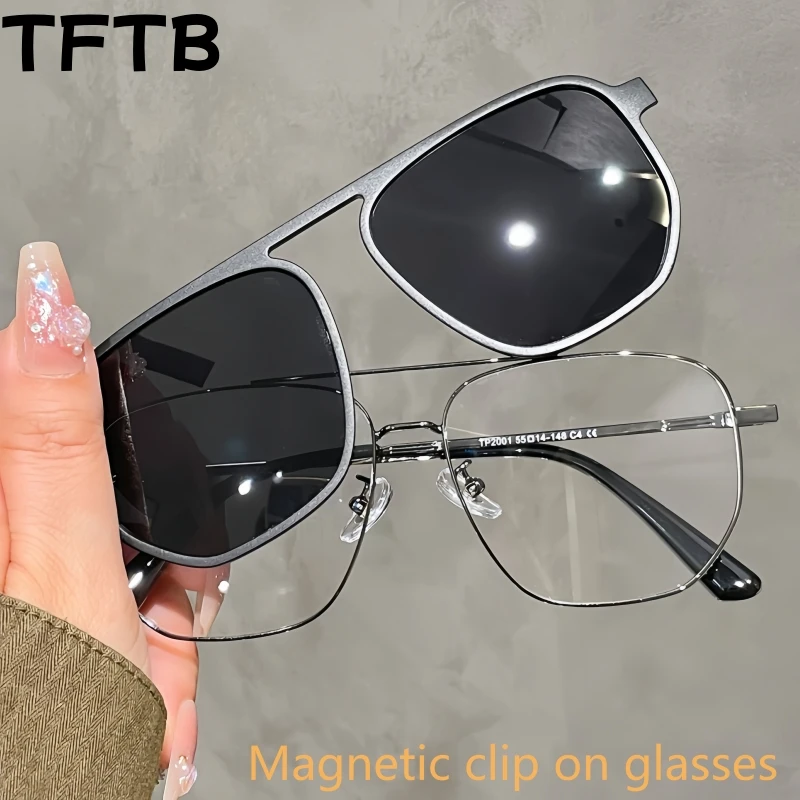

TFTB Men and Women Pilot Polarized Magnetic Clip-on Glasses Fashion Retro Double-beam Optical Prescription Eyeglasses Frame TP2