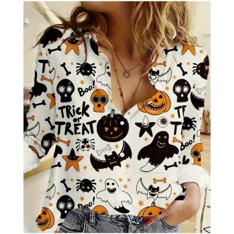 Elegant women's long sleeved shirt, high-end commuting style Christmas Halloween print pattern comfortable lapel shirt for women