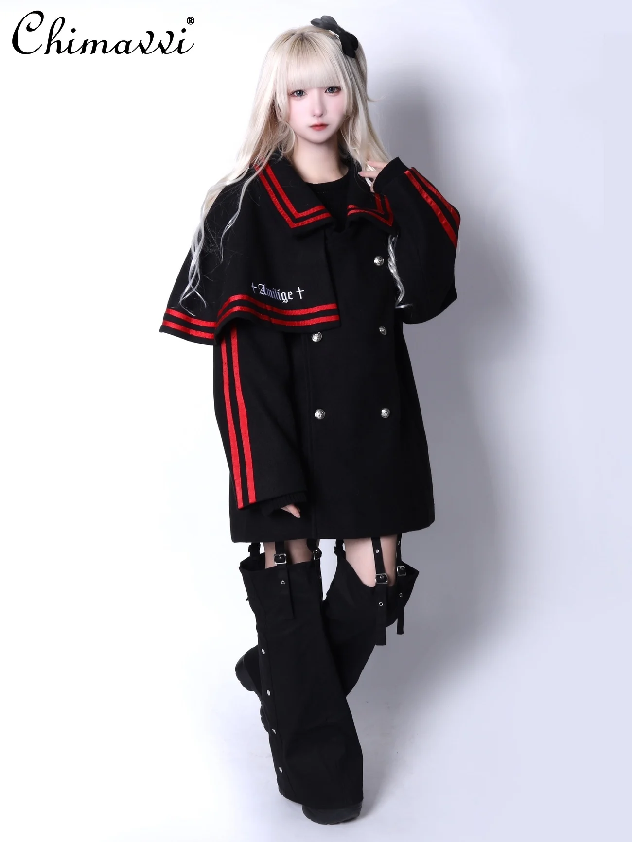 Japanese Mine Series Mass-produced Long-sleeved Loose Jackets Women Autumn and Winter New Subculture Double-breasted Cloak Coat