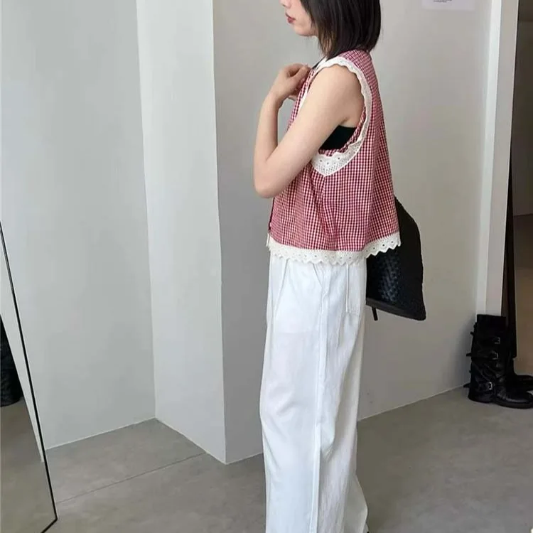 Korean Sle Summer New Faionable Loose Slim Fit Plaid Top Lace Trim Svel Vest Small irt Straight Cut Polyester Fiber