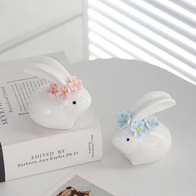 

Ceramic Decoration Rabbit Small Ornament Rabbit Handmade Flower Creative Living Room Office Desktop Ornament Pet Crafts Figurine