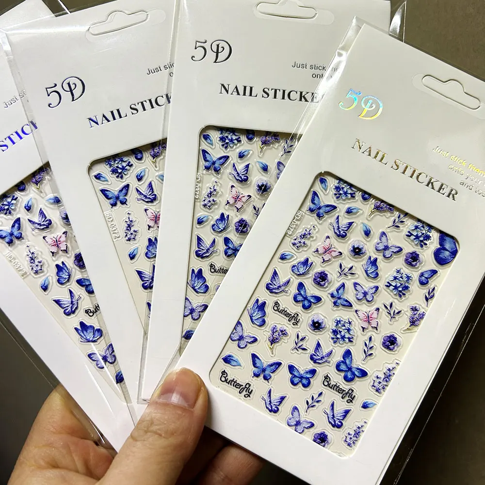 1sheet 5D Embossed Butterfly Nail Art Stickers Purple Butterflies/Floral Nail Art Decals Self-Adhesive Rose Flower Manicure Diy
