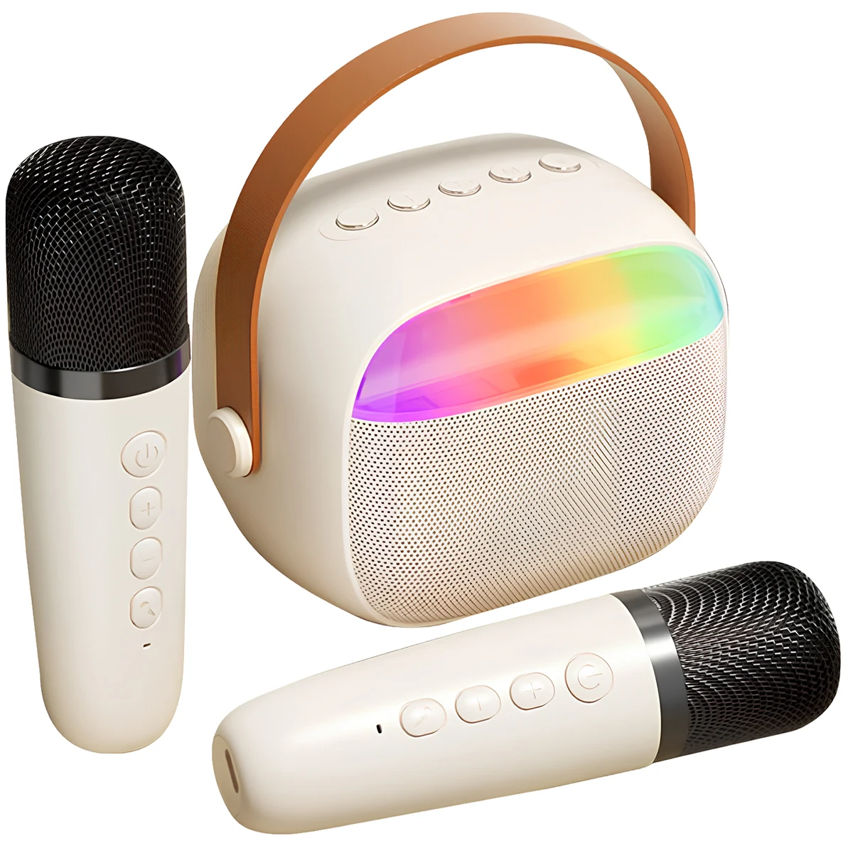 

Karaoke Machine Set Dual Wireless Mics LED Lights Portable Speaker Kids Beige Microphone Singing Speaker Mini