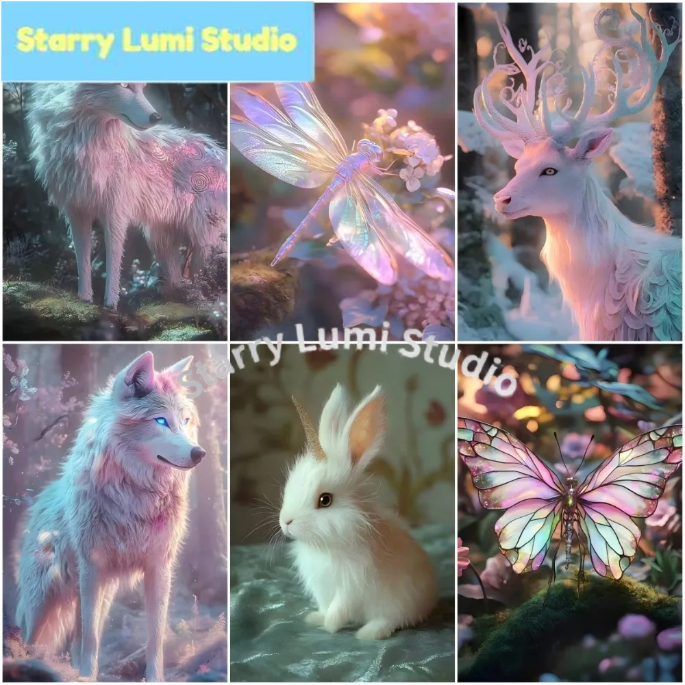 DIY Diamond Painting Kit, Dreamy Fantasy Forest Animal Artwork Featuring Glowing White Wolf, Living Space in Leisure Hours