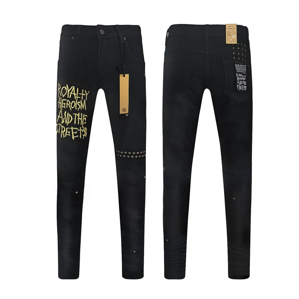 25SS New KSUBI Cross Jeans Men fashion High Street Black letter embroidery Old Patch Stretch Skinny Jeans Hip Hop Pencil Pants