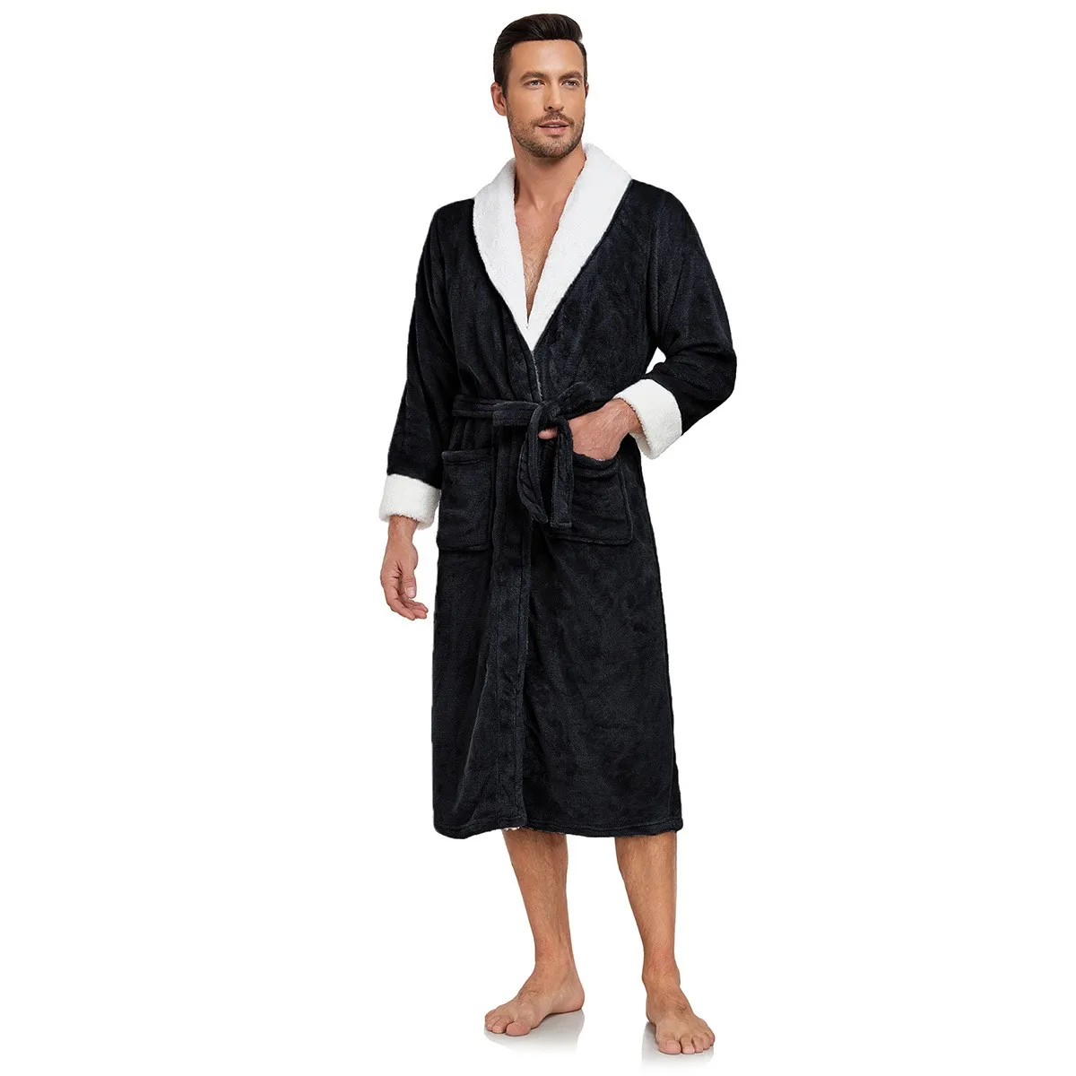 Women's European Style Flannel Robe with Shawl Collar Long Sleeve Cozy Warm Soft Lounge Robe for Home Wear Nightwear with Front