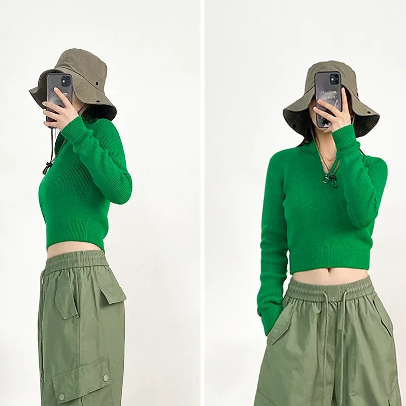 Autumn Turtleneck Cropped Pullover Sweaters POLO Collar Zipper Solid Slim Fit Wool Women Green Clothing Urban Style Luxury Tops