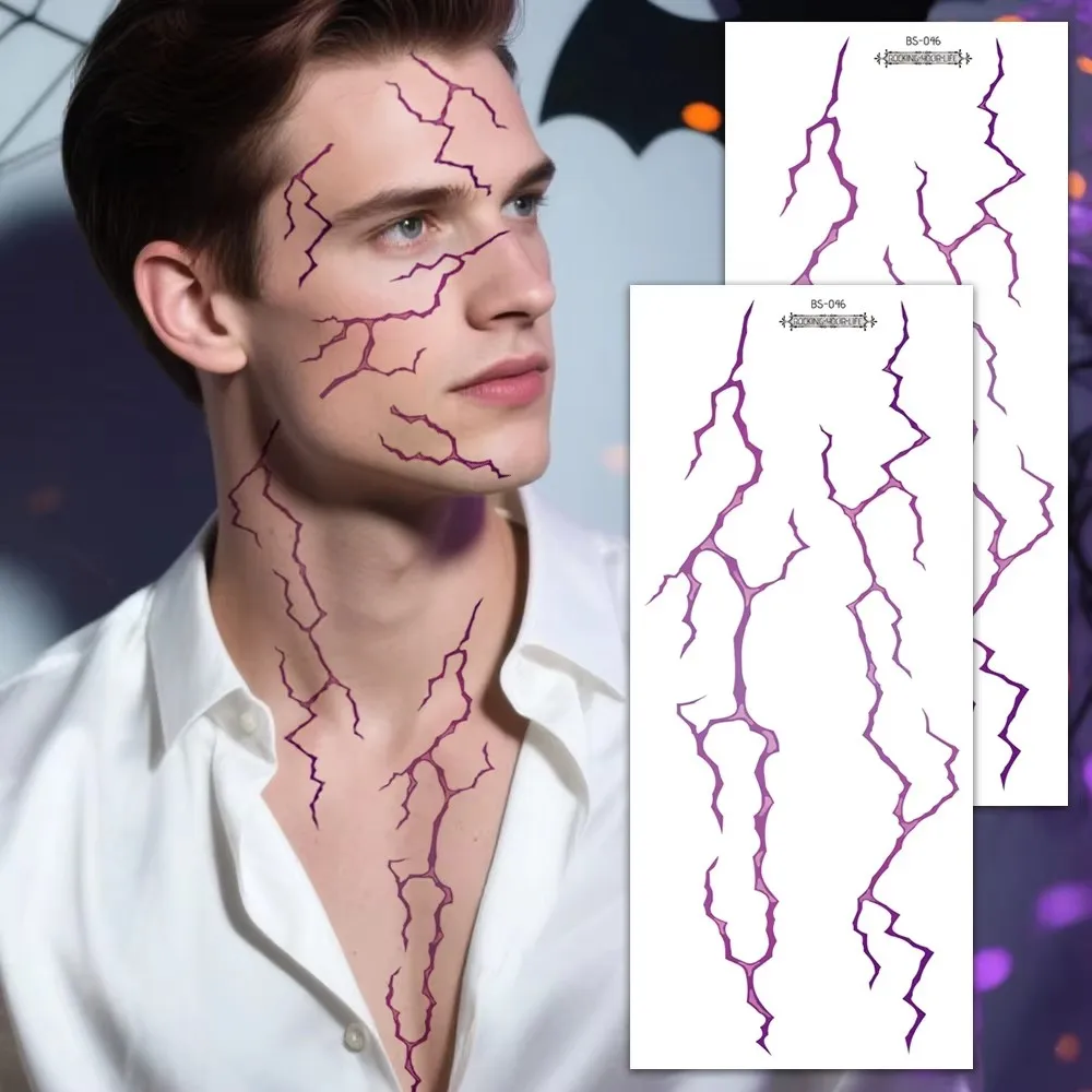 2PCS Large Fake Tattoo Stickers Detailed Black Red Lightning Vein Design for Halloween Party Face Body Art Tattoos Supplies
