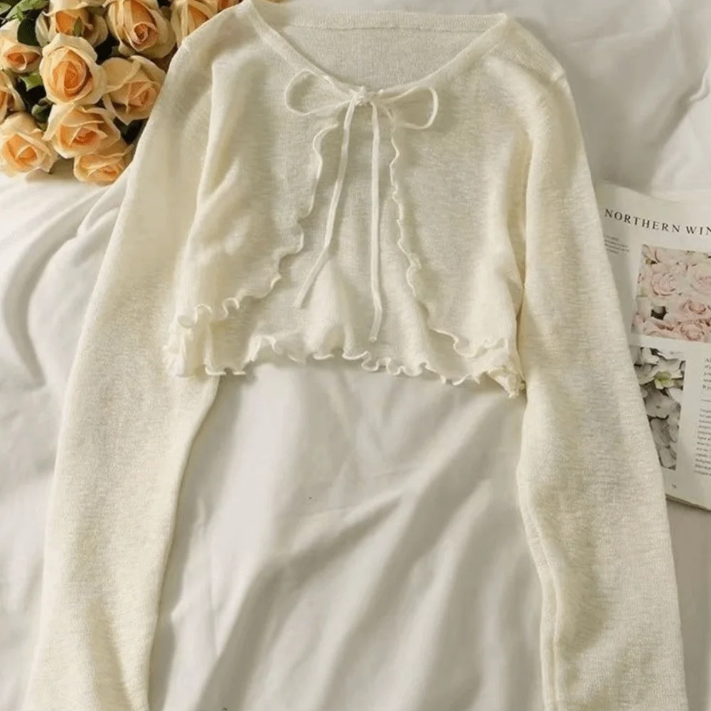 New Thin Sun Protected Cardigan Knit Short Length Lantern Sleeve Coat Breathable Lace-up Design Shawl Daily Use