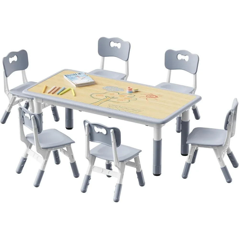 Kids Table and 6 Chairs Set, Height Adjustable Toddler Table and Chair Set, Graffiti Desktop, Classroom/Daycare/Home