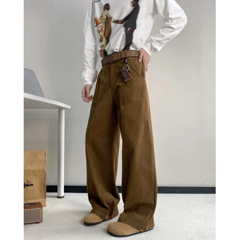 Brown Corduroy Pants Men Fashion Retro Casual Pants Men Streetwear Korean Loose Wide Leg Pants Mens Beige Trousers Plus Size
