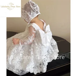 White Flower Girl Dresses Lace Appliques With Bow Long Sleeve For Wedding Birthday Party First Communion Gowns