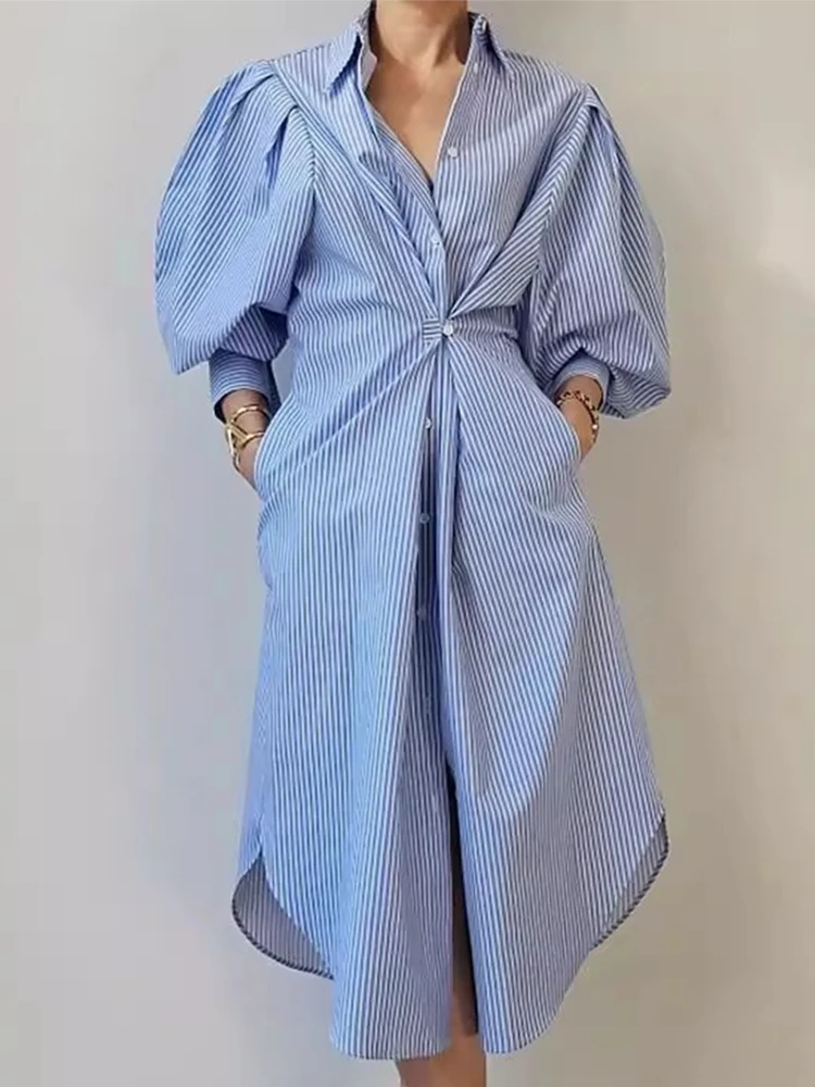 Clothland Women Elegant Striped Shirt Dress Lantern Sleeve Button Tie One Piece Blue White Female Chic Midi Dresses QD484