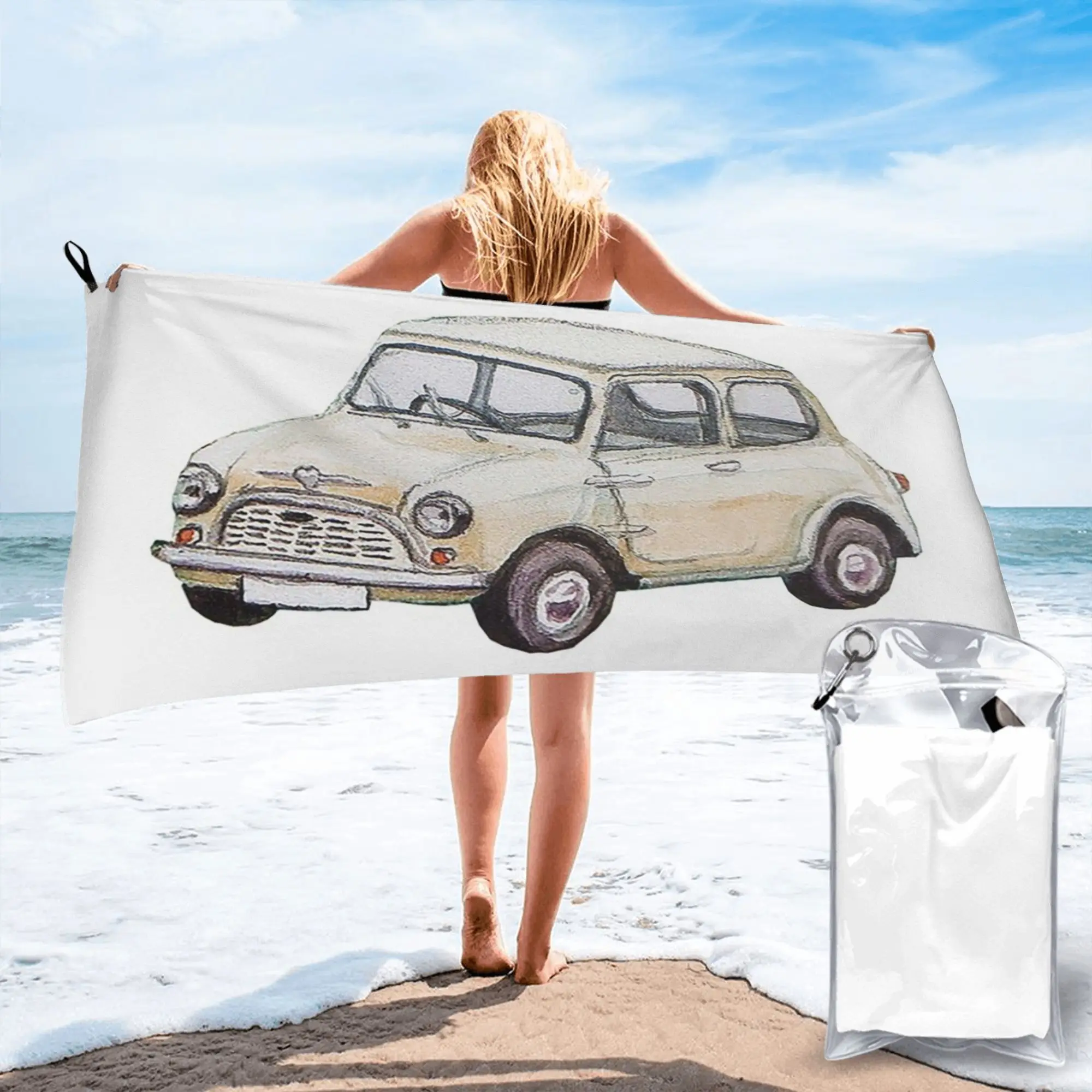Classic white mini Cooper in watercolor style Beach Towel Soft Microfiber Quick Dry Absorbent Quick Towels For Bath