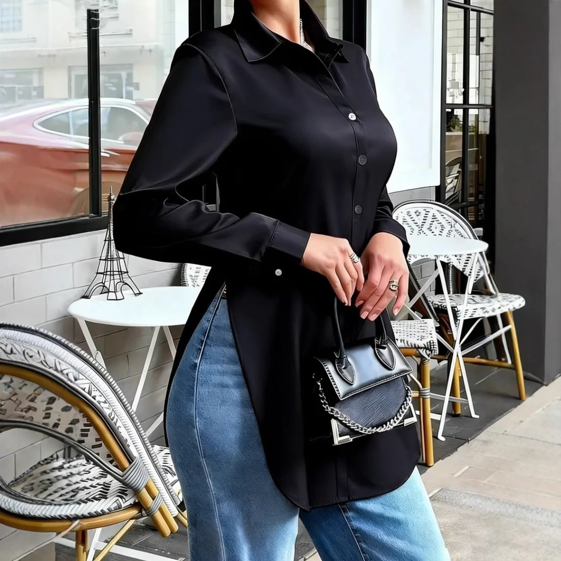 

Модная однотонная однобортная блузка с воротником, весна-осень 2026, тонкая атласная рубашка с длинными рукавами и нерегулярным подолом для женщин