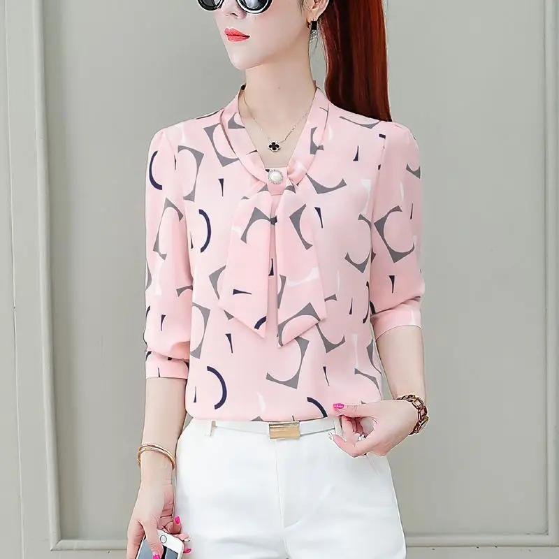 Spring Autumn Female Clothing Fashion Versatile Bow Chiffon Shirt Office Lady Multi-element Printing Long Sleeve Pullover Blouse