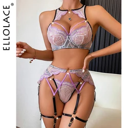 Ellolace Luxury Lingerie 18 Fancy Women Underwear Erotic See Through Lace Attractive Chest Suspenders g-String Thongs Lavender