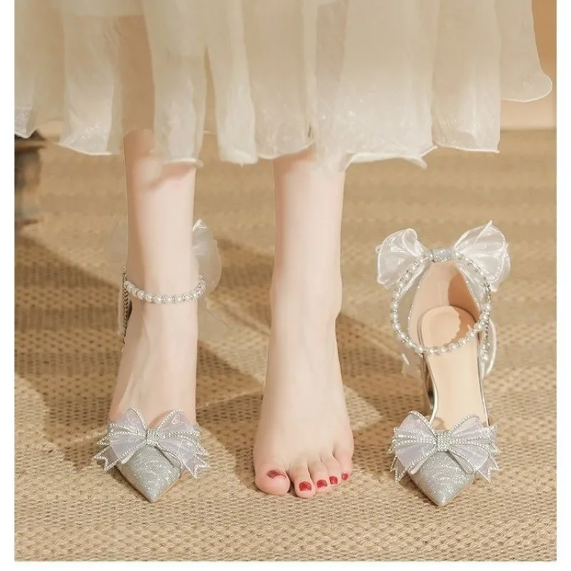 Spring Pointed Toe Party Woman Wedding Shoes Bride Bow Thick Heel Silver Sequin Fairy  Lolita Style Single Shoes